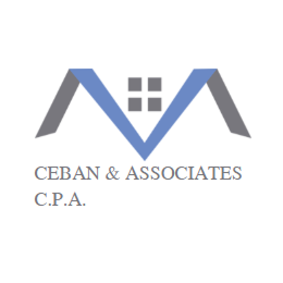 A blue and gray stylized roof with four window squares above the text 