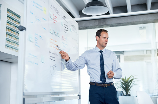 A man in business attire stands by a whiteboard with charts and notes, holding a marker and giving a presentation in an office.