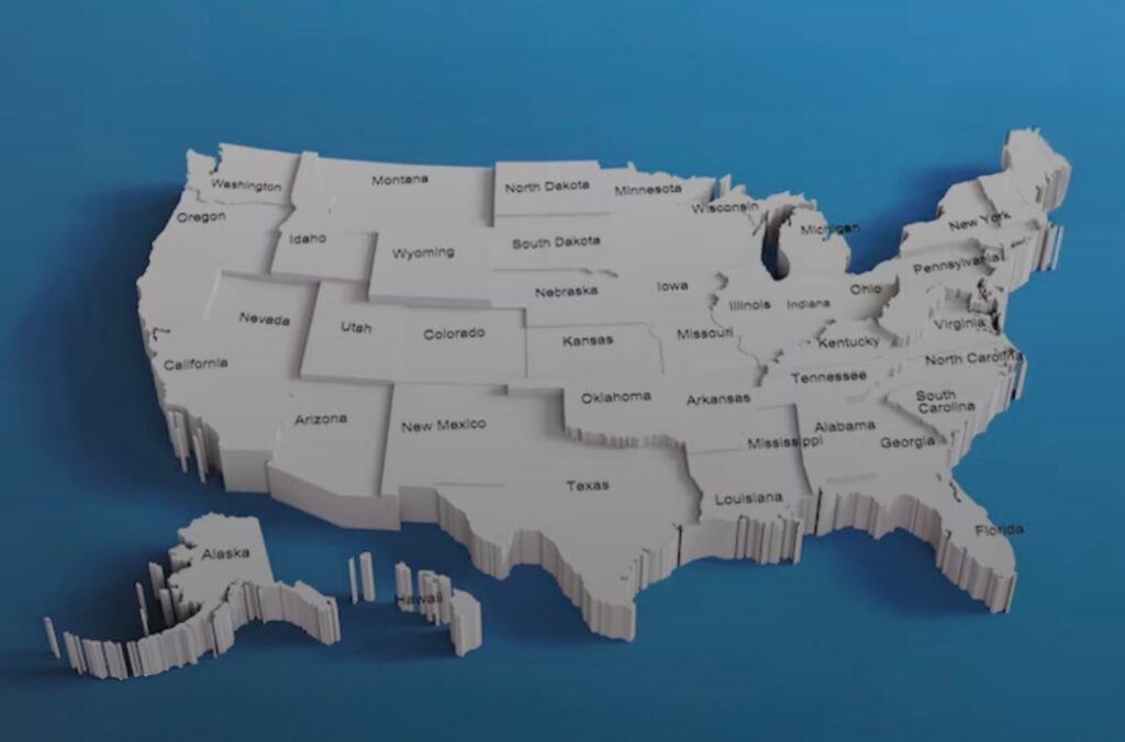 3D map of the United States showing each state labeled with its name against a blue background.